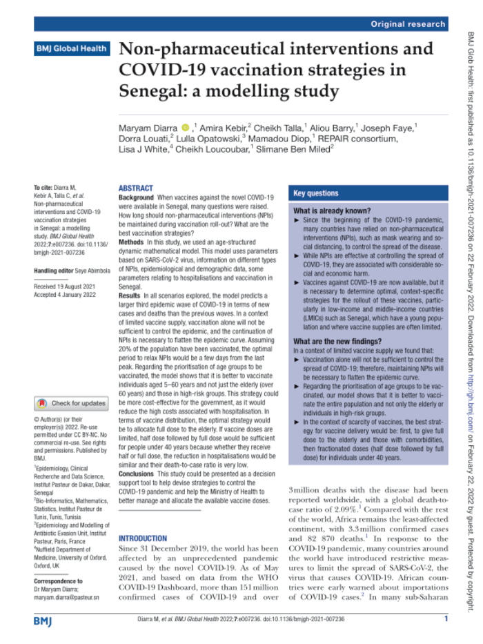 Interventions non pharmaceutiques et stratégies de vaccination contre le COVID-19 au Sénégal : une étude de modélisation – Sénégal